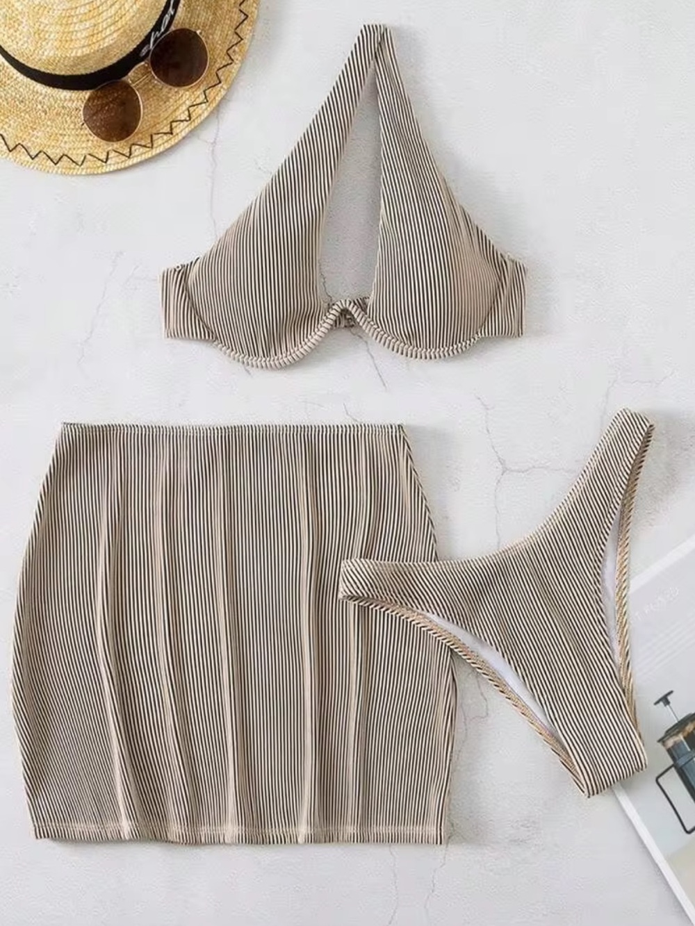 3 pc Swim Suit Set ~ Ribbed Cream Mini Skirt - Women - Size XL - Picture 4 of 9